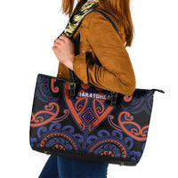 Aotearoa Whakatohea Leather Tote Bag Maori Tribal Pattern LT05 Navy - Polynesian Pride