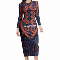 Custom Aotearoa Whakatohea Long Sleeve Bodycon Dress Maori Tribal Pattern LT05 Long Dress Navy - Polynesian Pride