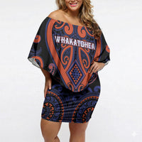 Custom Aotearoa Whakatohea Off Shoulder Short Dress Maori Tribal Pattern LT05 Women Navy - Polynesian Pride