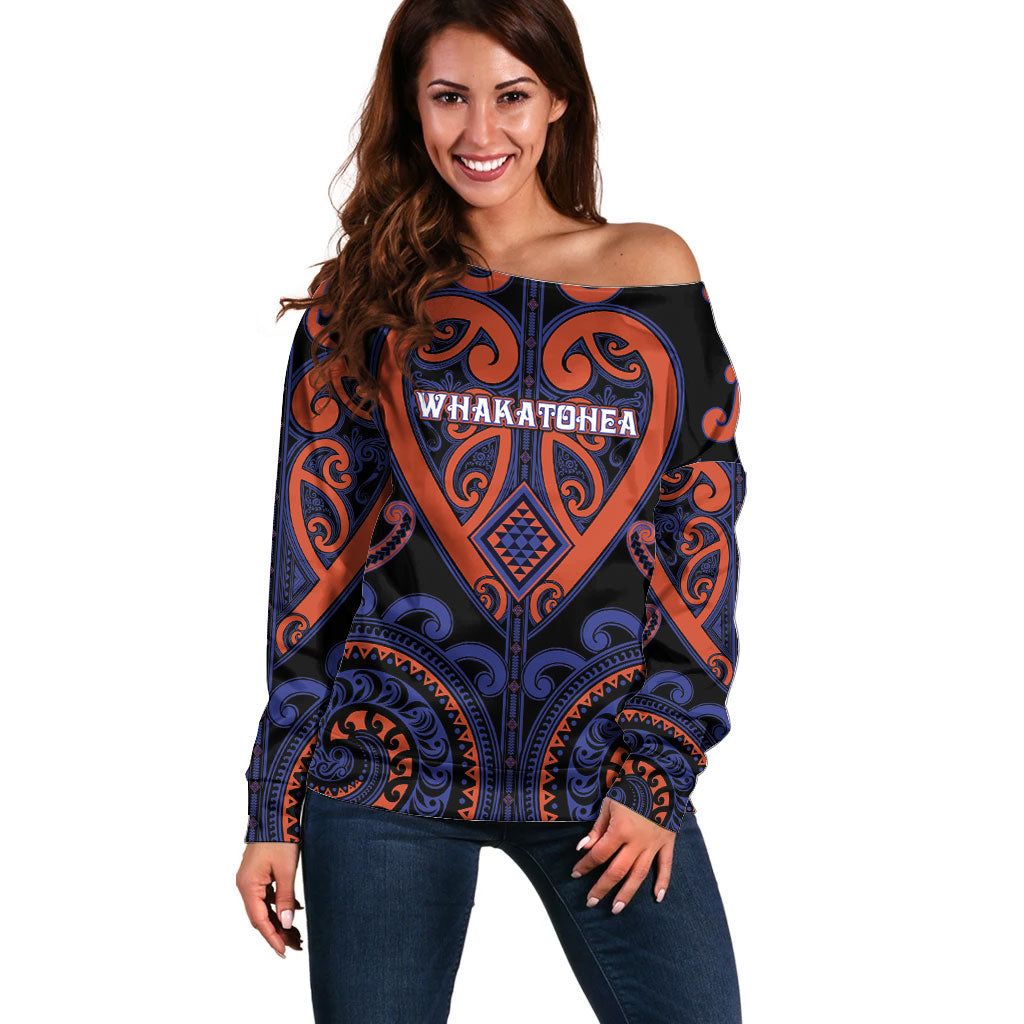 Custom Aotearoa Whakatohea Off Shoulder Sweater Maori Tribal Pattern LT05 Women Navy - Polynesian Pride