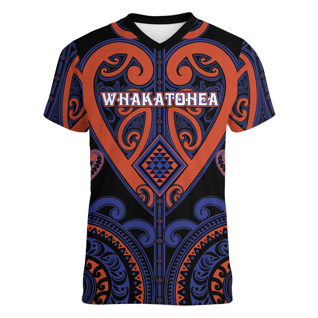Custom Aotearoa Whakatohea Women V-Neck T-Shirt Maori Tribal Pattern LT05 Female Navy - Polynesian Pride