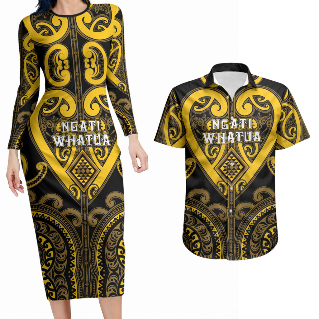 Custom Aotearoa Ngati Whatua Couples Matching Long Sleeve Bodycon Dress and Hawaiian Shirt Maori Tribal Pattern LT05 Yellow - Polynesian Pride