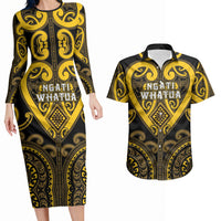 Custom Aotearoa Ngati Whatua Couples Matching Long Sleeve Bodycon Dress and Hawaiian Shirt Maori Tribal Pattern LT05 Yellow - Polynesian Pride