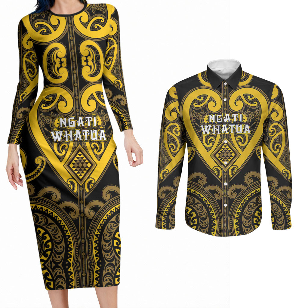 Custom Aotearoa Ngati Whatua Couples Matching Long Sleeve Bodycon Dress and Long Sleeve Button Shirt Maori Tribal Pattern LT05 Yellow - Polynesian Pride