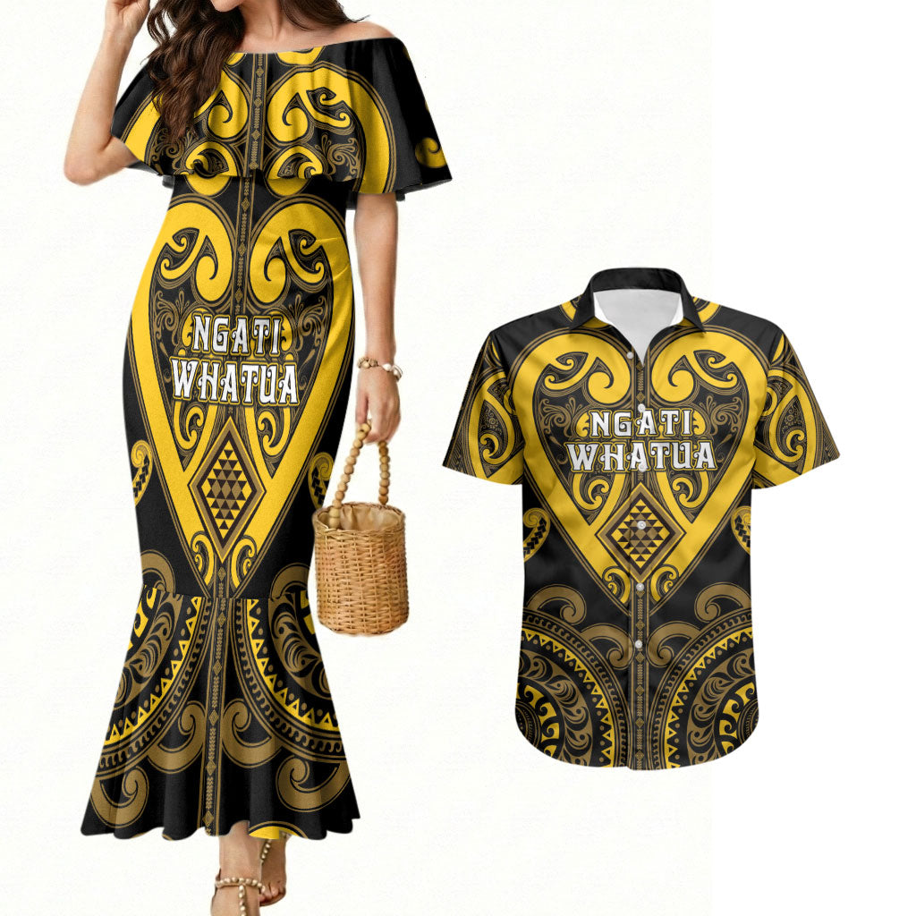 Custom Aotearoa Ngati Whatua Couples Matching Mermaid Dress and Hawaiian Shirt Maori Tribal Pattern LT05 Yellow - Polynesian Pride
