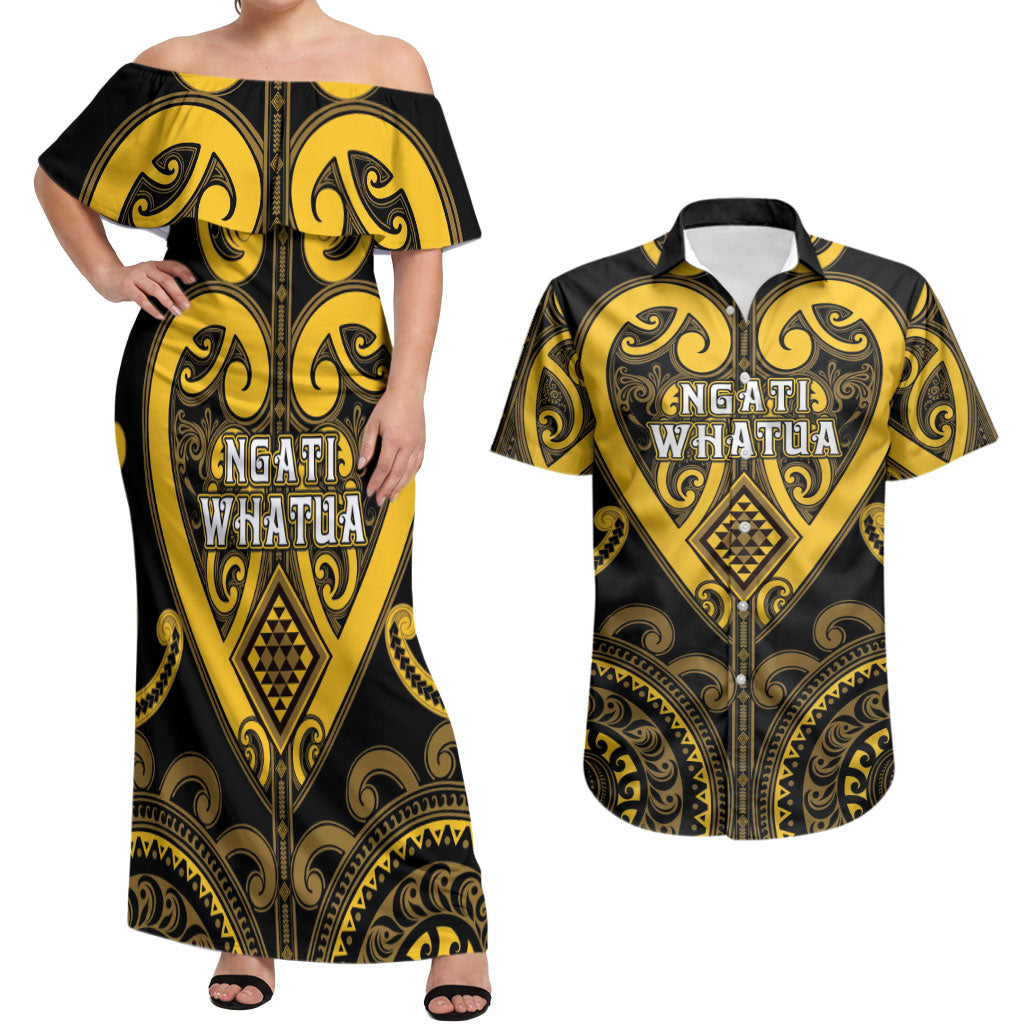 Custom Aotearoa Ngati Whatua Couples Matching Off Shoulder Maxi Dress and Hawaiian Shirt Maori Tribal Pattern LT05 Yellow - Polynesian Pride