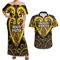 Custom Aotearoa Ngati Whatua Couples Matching Off Shoulder Maxi Dress and Hawaiian Shirt Maori Tribal Pattern LT05 Yellow - Polynesian Pride