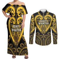 Custom Aotearoa Ngati Whatua Couples Matching Off Shoulder Maxi Dress and Long Sleeve Button Shirt Maori Tribal Pattern LT05 Yellow - Polynesian Pride