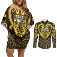 Custom Aotearoa Ngati Whatua Couples Matching Off Shoulder Short Dress and Long Sleeve Button Shirt Maori Tribal Pattern LT05 Yellow - Polynesian Pride