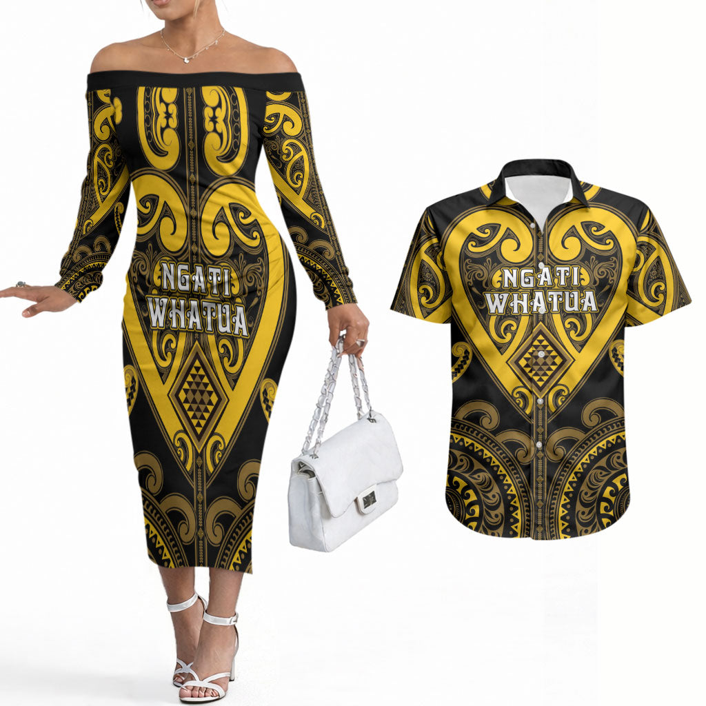 Custom Aotearoa Ngati Whatua Couples Matching Off The Shoulder Long Sleeve Dress and Hawaiian Shirt Maori Tribal Pattern LT05 Yellow - Polynesian Pride