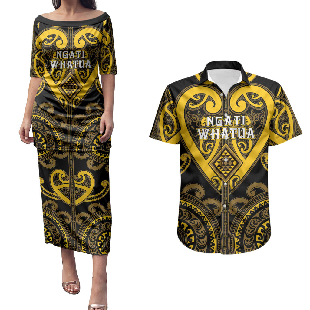 Custom Aotearoa Ngati Whatua Couples Matching Puletasi and Hawaiian Shirt Maori Tribal Pattern LT05 Yellow - Polynesian Pride
