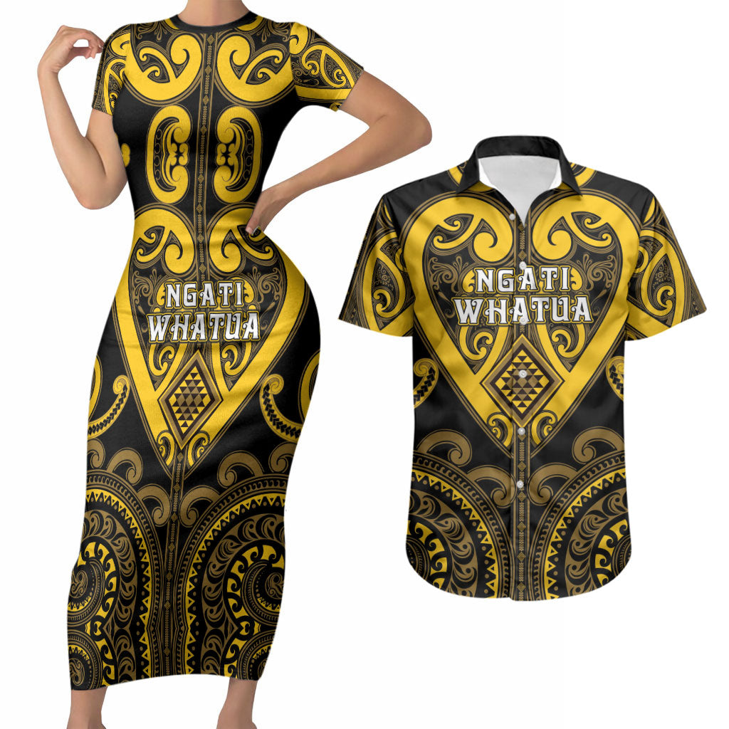 Custom Aotearoa Ngati Whatua Couples Matching Short Sleeve Bodycon Dress and Hawaiian Shirt Maori Tribal Pattern LT05 Yellow - Polynesian Pride