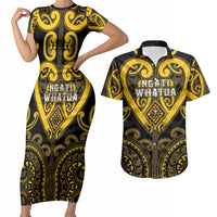Custom Aotearoa Ngati Whatua Couples Matching Short Sleeve Bodycon Dress and Hawaiian Shirt Maori Tribal Pattern LT05 Yellow - Polynesian Pride