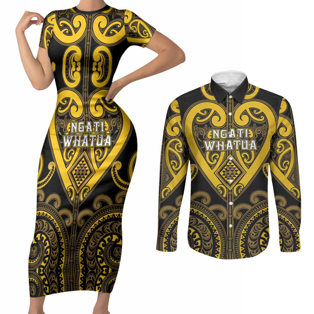 Custom Aotearoa Ngati Whatua Couples Matching Short Sleeve Bodycon Dress and Long Sleeve Button Shirt Maori Tribal Pattern LT05 Yellow - Polynesian Pride