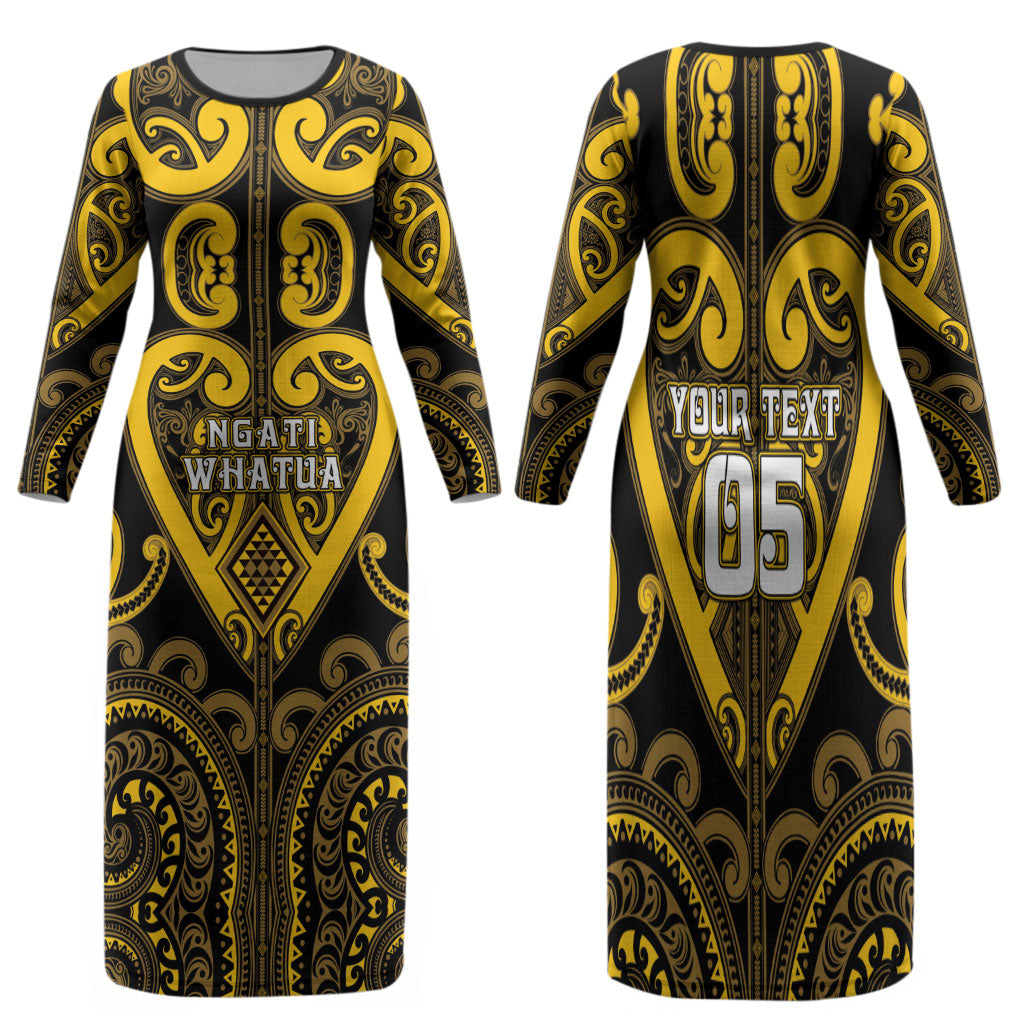Custom Aotearoa Ngati Whatua Family Matching Long Sleeve Bodycon Dress and Hawaiian Shirt Maori Tribal Pattern LT05 Mom's Dress Yellow - Polynesian Pride