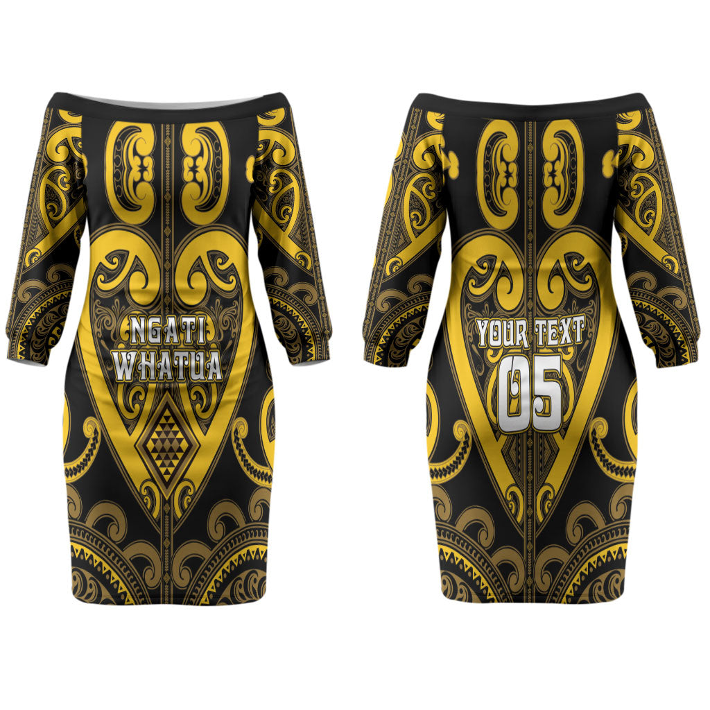 Custom Aotearoa Ngati Whatua Family Matching Off The Shoulder Long Sleeve Dress and Hawaiian Shirt Maori Tribal Pattern LT05 Mom's Dress Yellow - Polynesian Pride