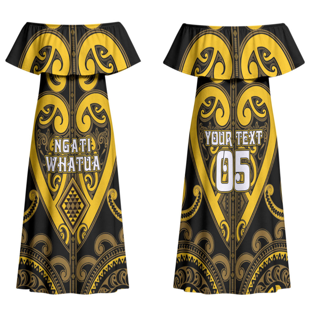Custom Aotearoa Ngati Whatua Family Matching Off Shoulder Maxi Dress and Hawaiian Shirt Maori Tribal Pattern LT05 Mom's Dress Yellow - Polynesian Pride