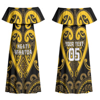 Custom Aotearoa Ngati Whatua Family Matching Off Shoulder Maxi Dress and Hawaiian Shirt Maori Tribal Pattern LT05 Mom's Dress Yellow - Polynesian Pride
