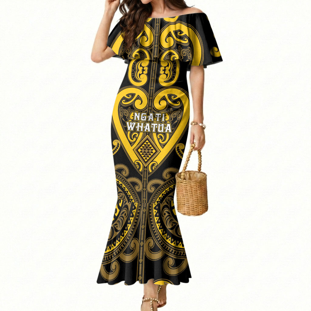 Custom Aotearoa Ngati Whatua Mermaid Dress Maori Tribal Pattern LT05 Women Yellow - Polynesian Pride