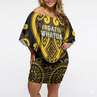 Custom Aotearoa Ngati Whatua Off Shoulder Short Dress Maori Tribal Pattern LT05 Women Yellow - Polynesian Pride