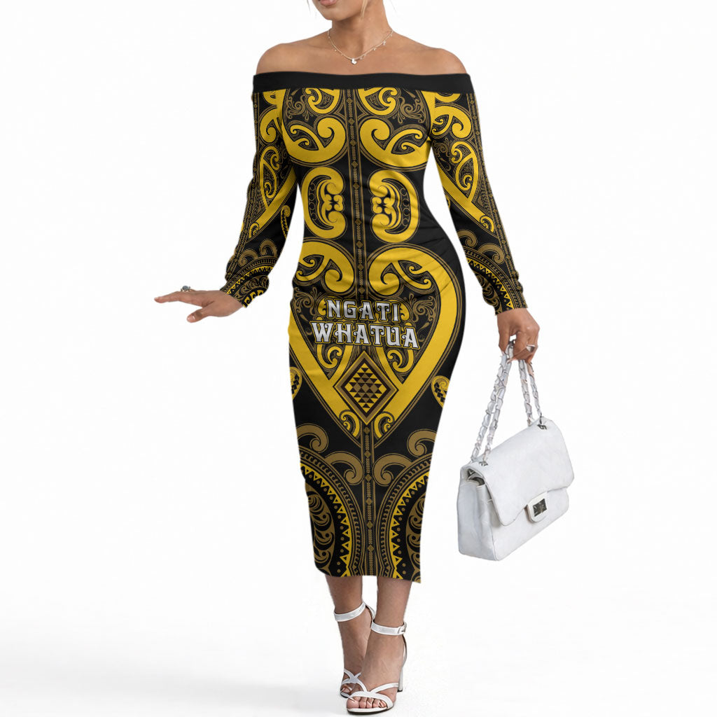 Custom Aotearoa Ngati Whatua Off The Shoulder Long Sleeve Dress Maori Tribal Pattern LT05 Women Yellow - Polynesian Pride