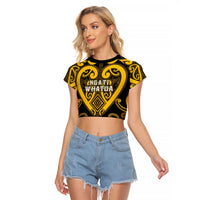 Custom Aotearoa Ngati Whatua Raglan Cropped T Shirt Maori Tribal Pattern LT05 Female Yellow - Polynesian Pride