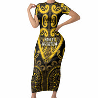 Custom Aotearoa Ngati Whatua Short Sleeve Bodycon Dress Maori Tribal Pattern LT05 Long Dress Yellow - Polynesian Pride