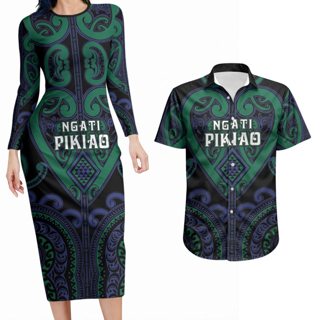 Custom Aotearoa Ngati Pikiao Couples Matching Long Sleeve Bodycon Dress and Hawaiian Shirt Maori Tribal Pattern LT05 Green - Polynesian Pride