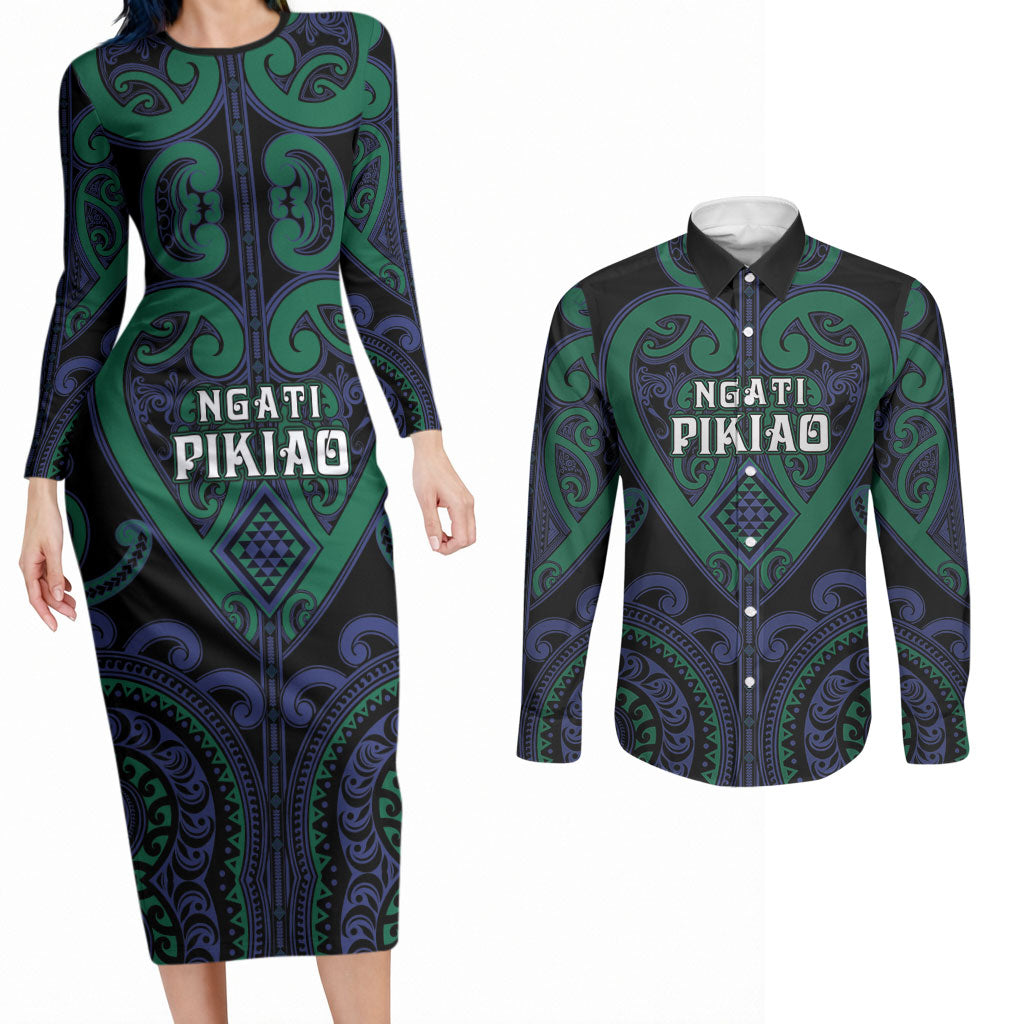 Custom Aotearoa Ngati Pikiao Couples Matching Long Sleeve Bodycon Dress and Long Sleeve Button Shirt Maori Tribal Pattern LT05 Green - Polynesian Pride