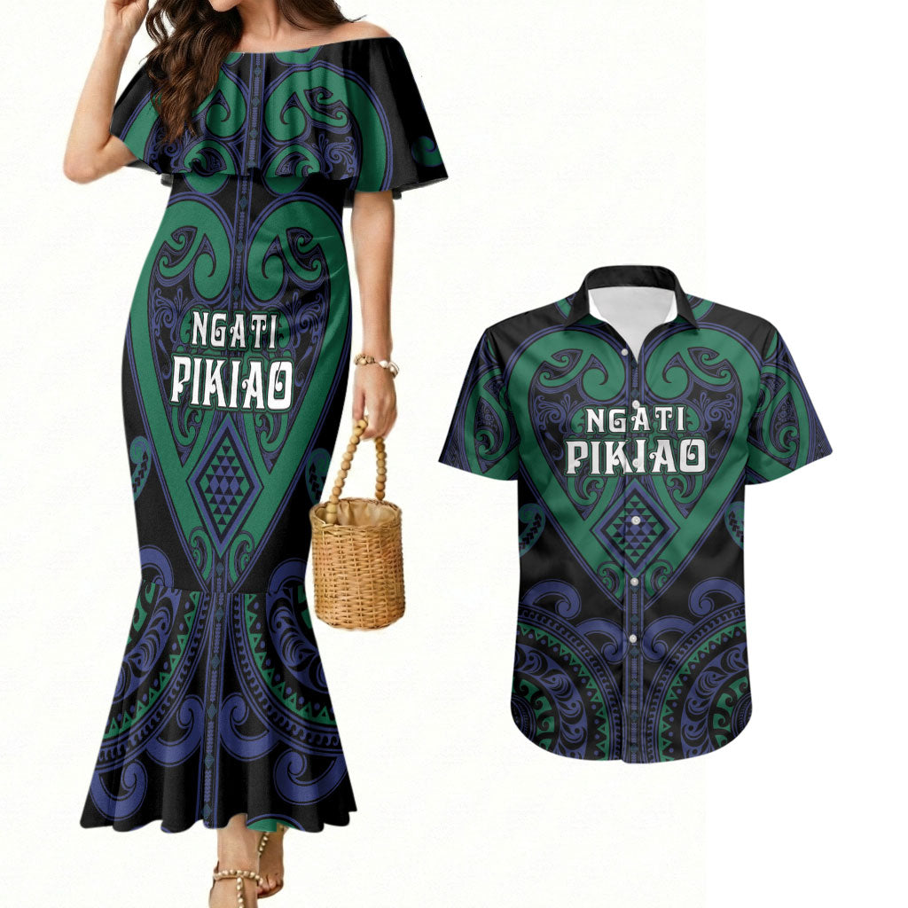 Custom Aotearoa Ngati Pikiao Couples Matching Mermaid Dress and Hawaiian Shirt Maori Tribal Pattern LT05 Green - Polynesian Pride