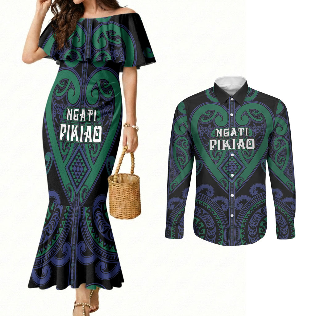 Custom Aotearoa Ngati Pikiao Couples Matching Mermaid Dress and Long Sleeve Button Shirt Maori Tribal Pattern LT05 Green - Polynesian Pride