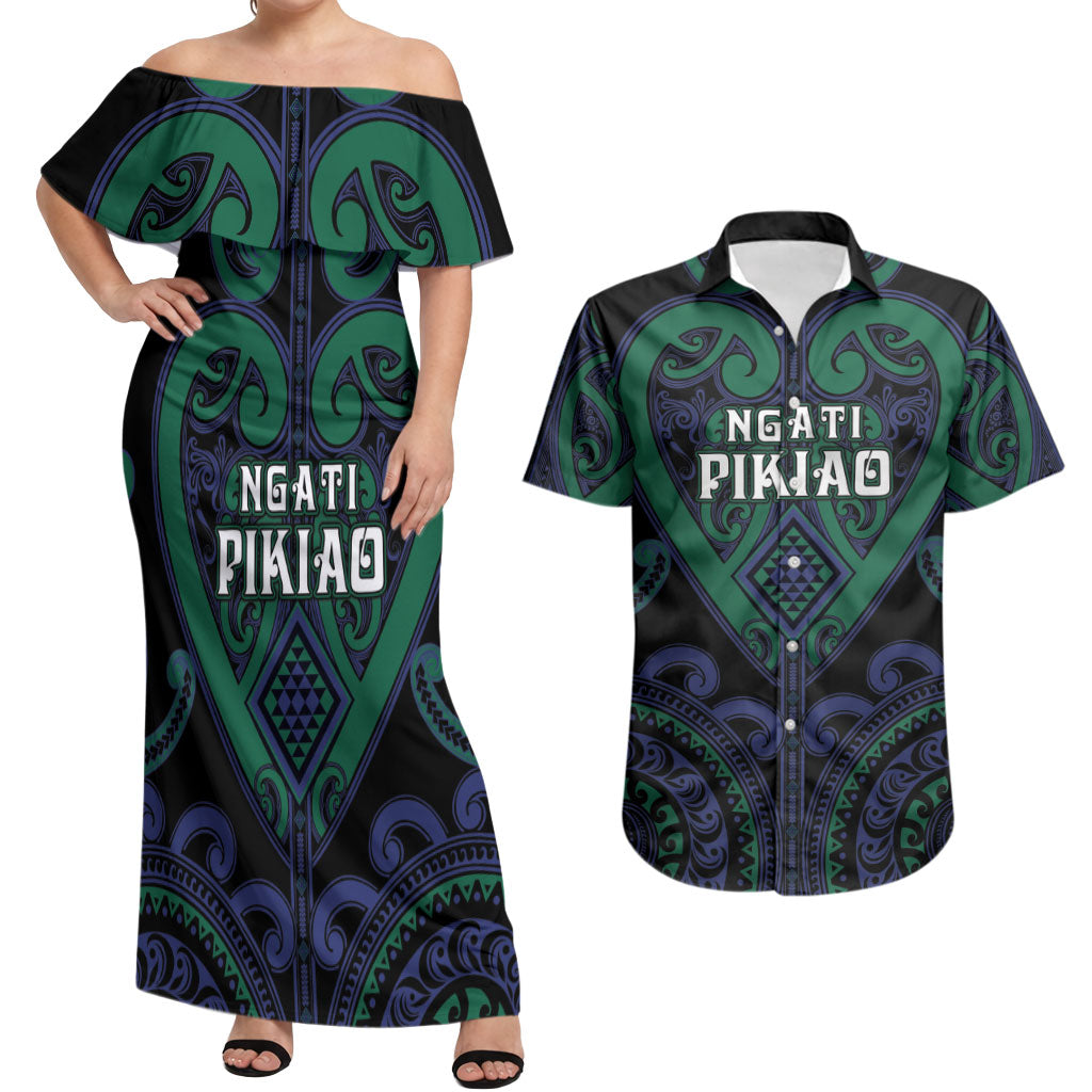 Custom Aotearoa Ngati Pikiao Couples Matching Off Shoulder Maxi Dress and Hawaiian Shirt Maori Tribal Pattern LT05 Green - Polynesian Pride