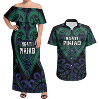 Custom Aotearoa Ngati Pikiao Couples Matching Off Shoulder Maxi Dress and Hawaiian Shirt Maori Tribal Pattern LT05 Green - Polynesian Pride