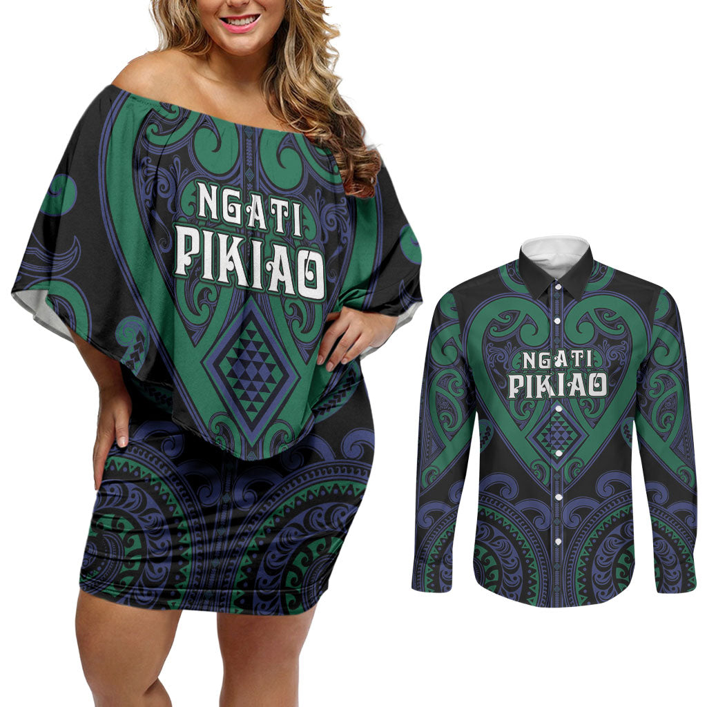 Custom Aotearoa Ngati Pikiao Couples Matching Off Shoulder Short Dress and Long Sleeve Button Shirt Maori Tribal Pattern LT05 Green - Polynesian Pride