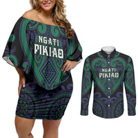 Custom Aotearoa Ngati Pikiao Couples Matching Off Shoulder Short Dress and Long Sleeve Button Shirt Maori Tribal Pattern LT05 Green - Polynesian Pride