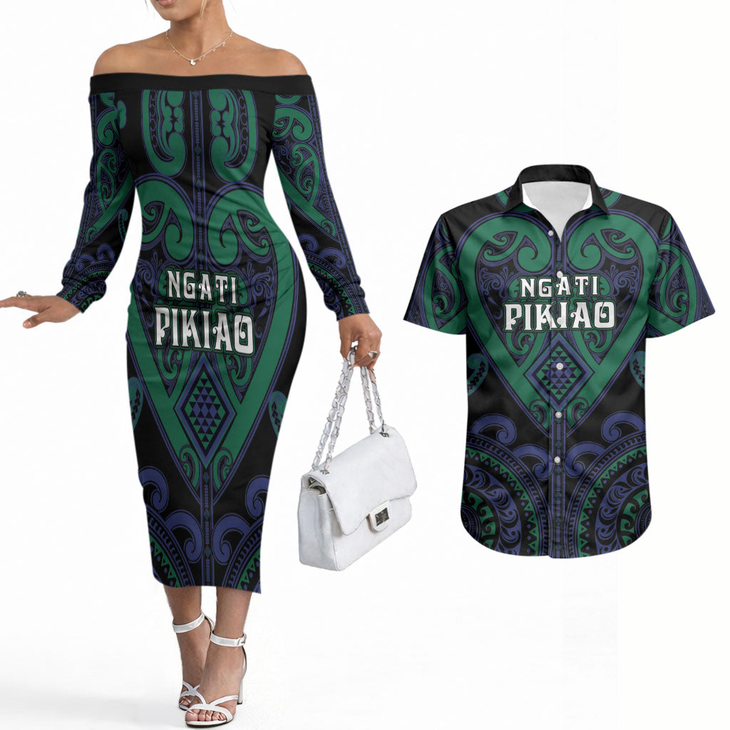 Custom Aotearoa Ngati Pikiao Couples Matching Off The Shoulder Long Sleeve Dress and Hawaiian Shirt Maori Tribal Pattern LT05 Green - Polynesian Pride