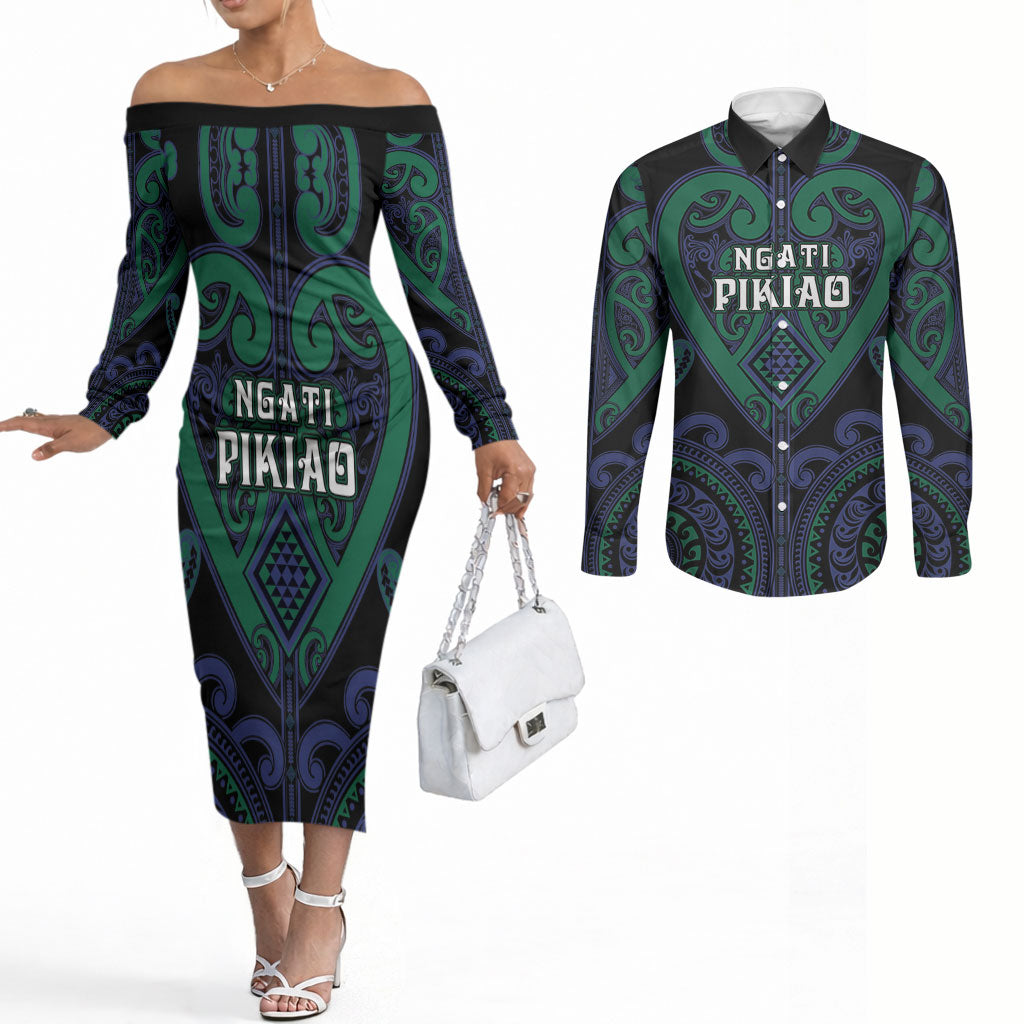 Custom Aotearoa Ngati Pikiao Couples Matching Off The Shoulder Long Sleeve Dress and Long Sleeve Button Shirt Maori Tribal Pattern LT05 Green - Polynesian Pride