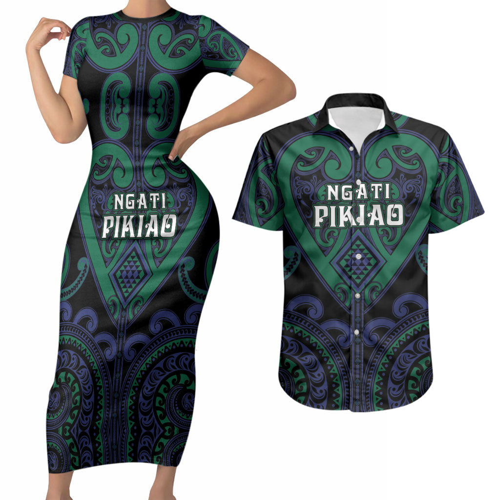 Custom Aotearoa Ngati Pikiao Couples Matching Short Sleeve Bodycon Dress and Hawaiian Shirt Maori Tribal Pattern LT05 Green - Polynesian Pride