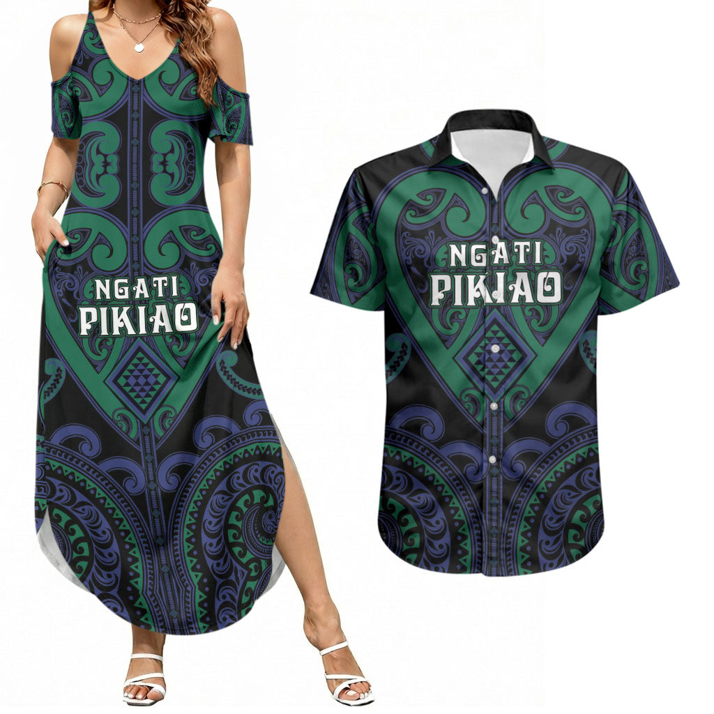 Custom Aotearoa Ngati Pikiao Couples Matching Summer Maxi Dress and Hawaiian Shirt Maori Tribal Pattern LT05 Green - Polynesian Pride