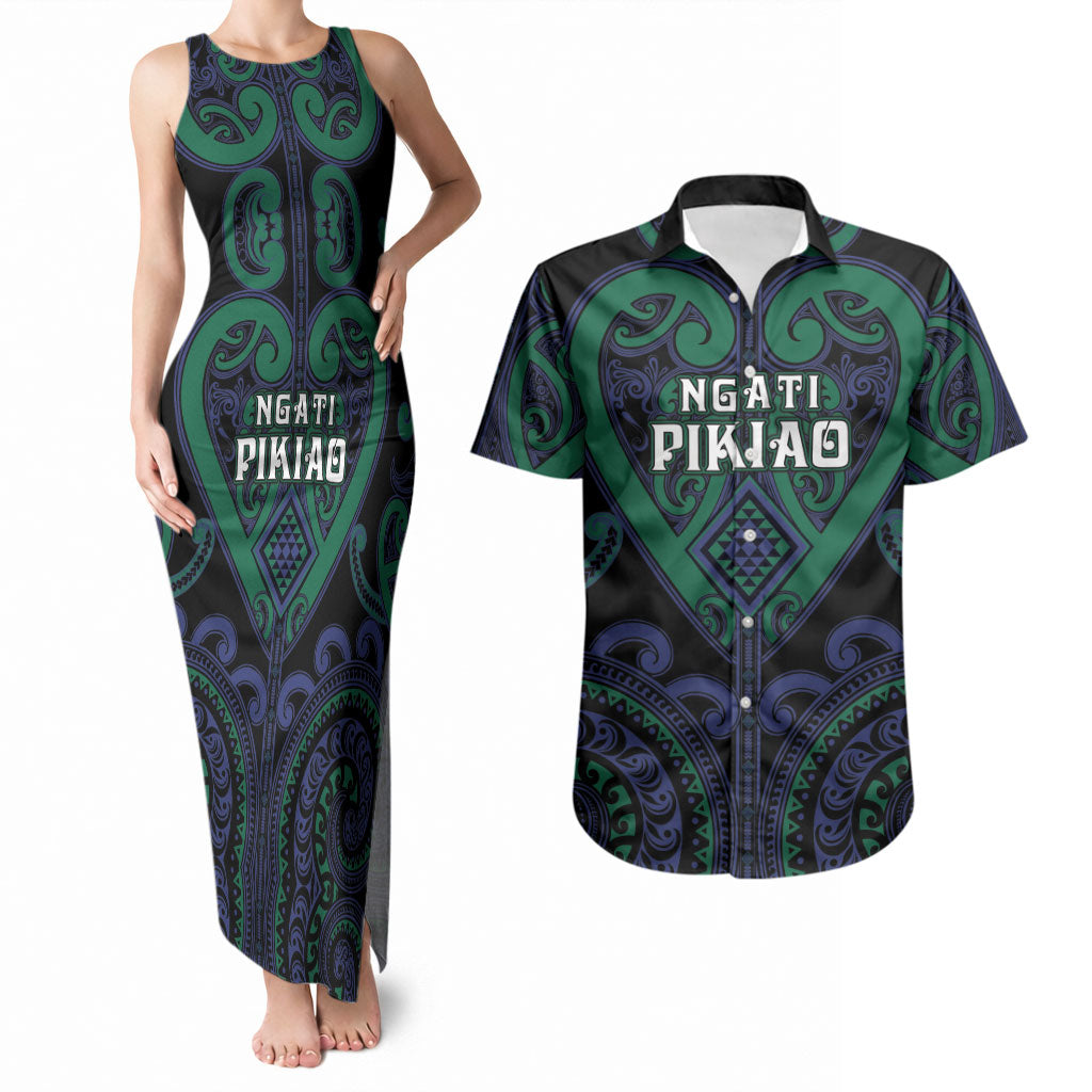Custom Aotearoa Ngati Pikiao Couples Matching Tank Maxi Dress and Hawaiian Shirt Maori Tribal Pattern