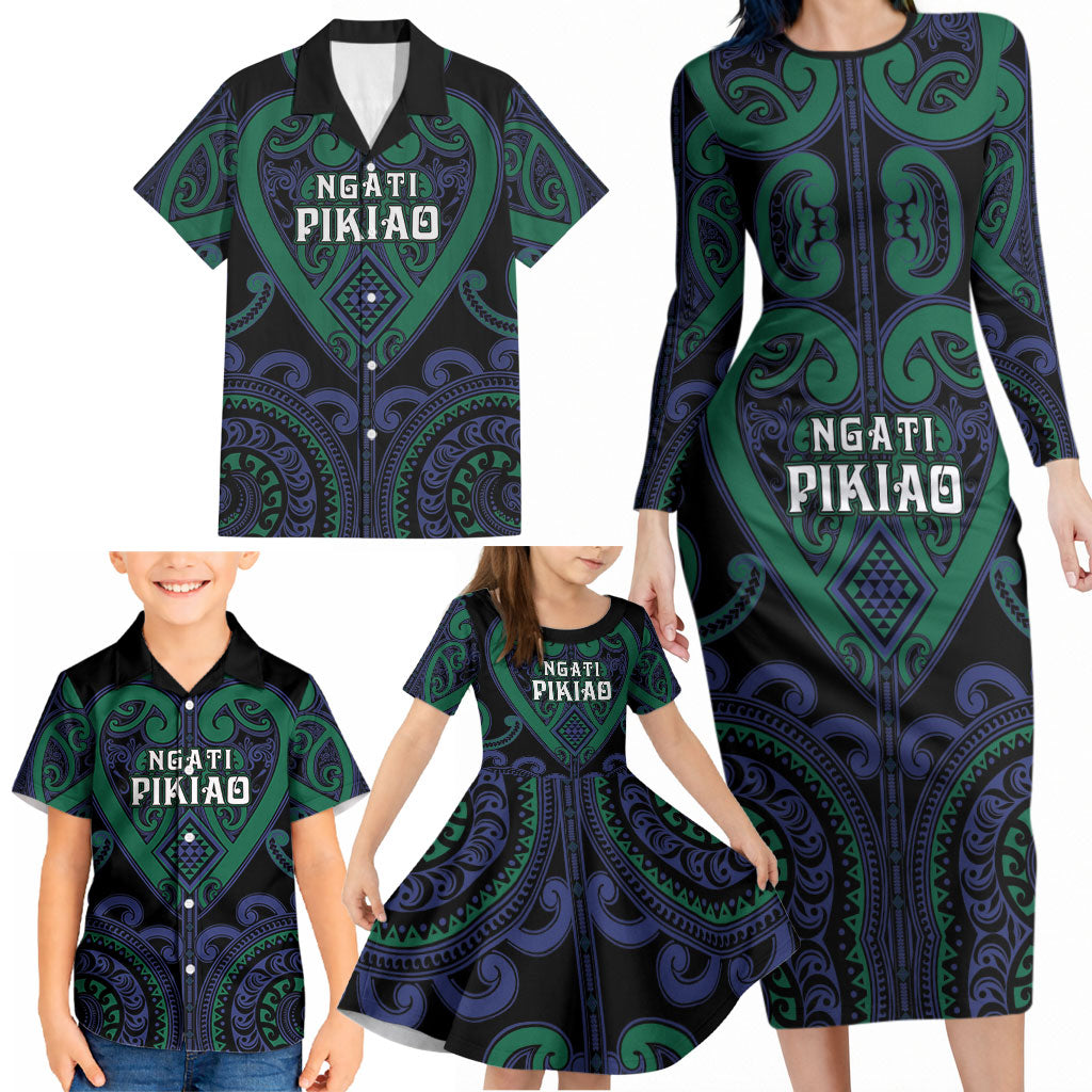 Custom Aotearoa Ngati Pikiao Family Matching Long Sleeve Bodycon Dress and Hawaiian Shirt Maori Tribal Pattern LT05 - Polynesian Pride