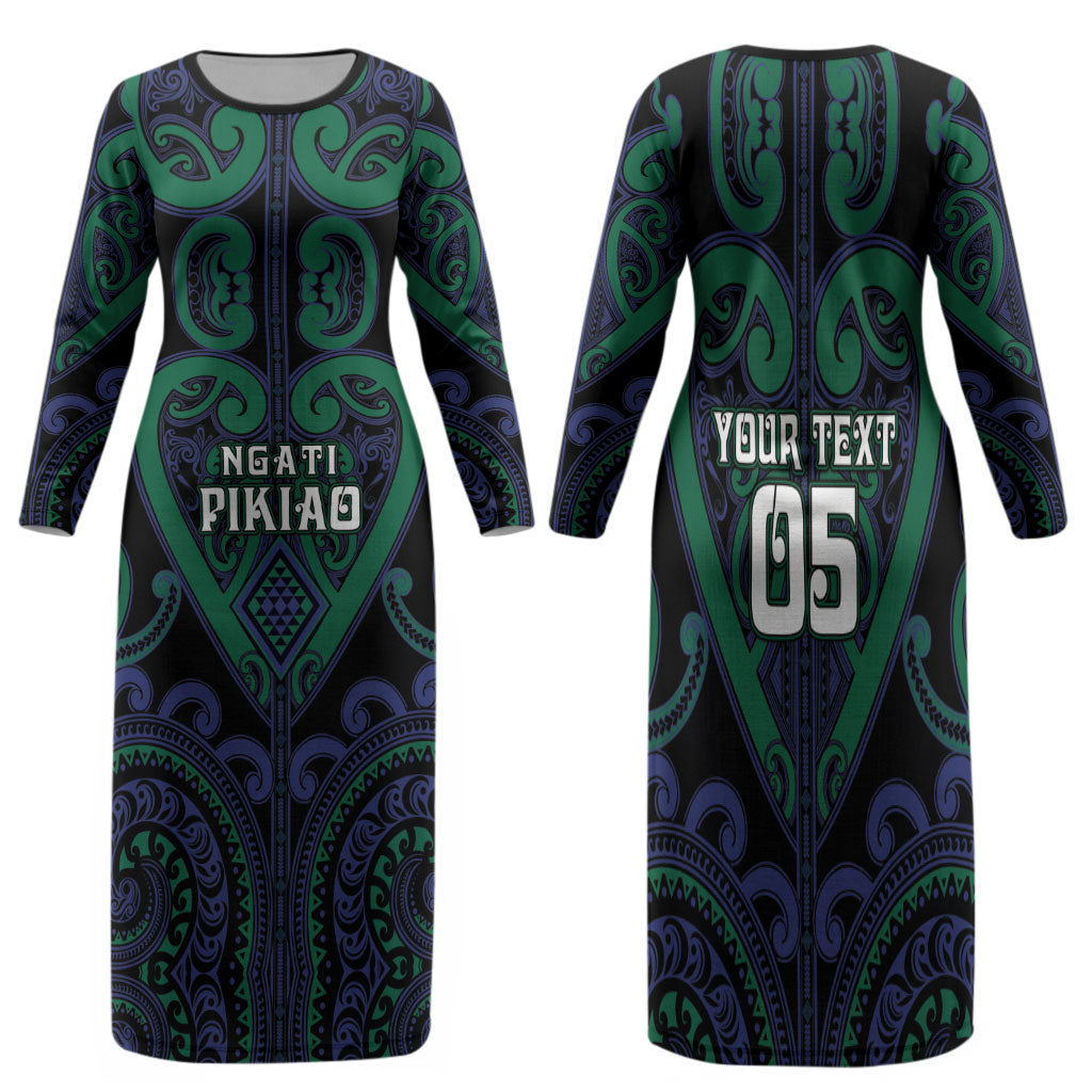 Custom Aotearoa Ngati Pikiao Family Matching Long Sleeve Bodycon Dress and Hawaiian Shirt Maori Tribal Pattern LT05 Mom's Dress Green - Polynesian Pride