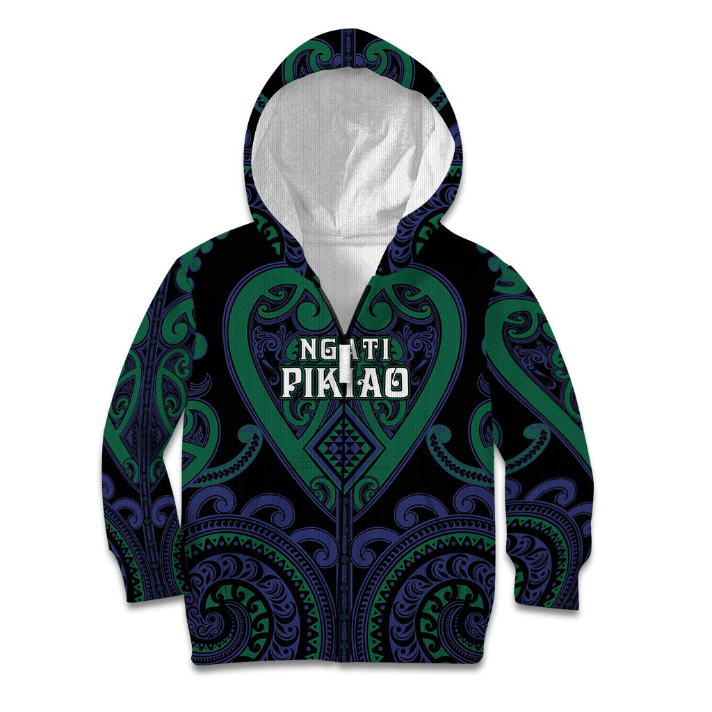 Custom Aotearoa Ngati Pikiao Kid Hoodie Maori Tribal Pattern LT05 Zip Hoodie Green - Polynesian Pride