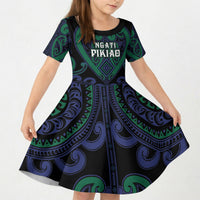 Custom Aotearoa Ngati Pikiao Kid Short Sleeve Dress Maori Tribal Pattern LT05 KID Green - Polynesian Pride