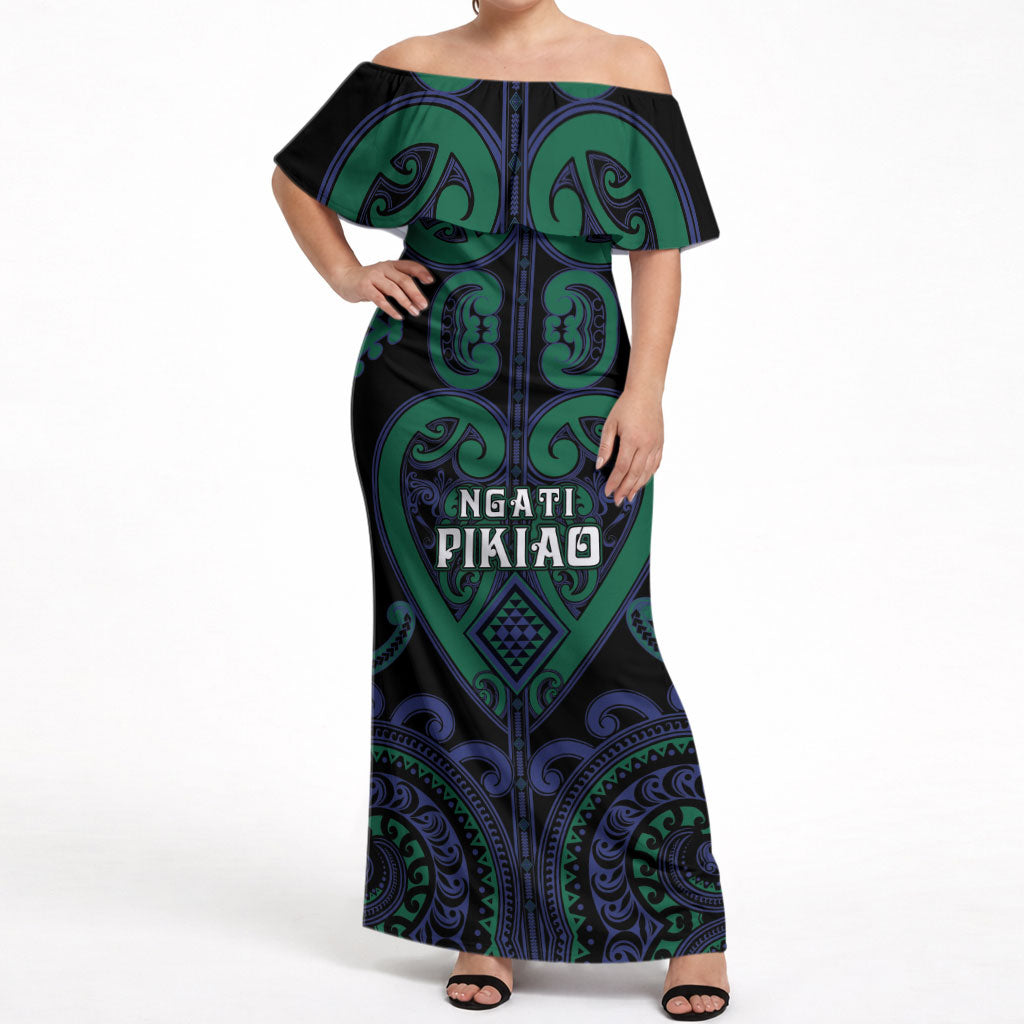 Custom Aotearoa Ngati Pikiao Off Shoulder Maxi Dress Maori Tribal Pattern LT05 Women Green - Polynesian Pride