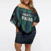 Custom Aotearoa Ngati Pikiao Off Shoulder Short Dress Maori Tribal Pattern LT05 Women Green - Polynesian Pride
