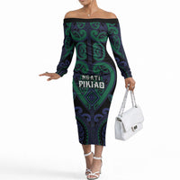 Custom Aotearoa Ngati Pikiao Off The Shoulder Long Sleeve Dress Maori Tribal Pattern LT05 Women Green - Polynesian Pride