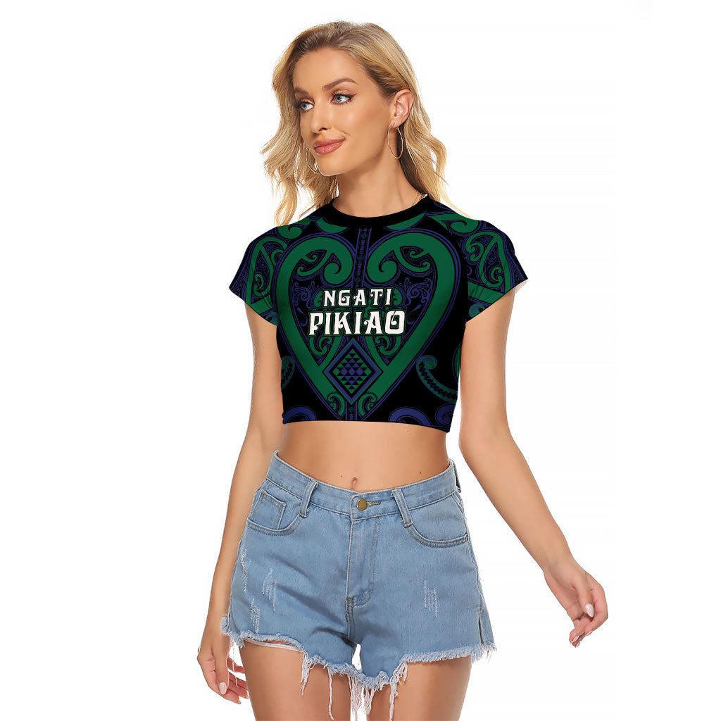 Custom Aotearoa Ngati Pikiao Raglan Cropped T Shirt Maori Tribal Pattern LT05 Female Green - Polynesian Pride