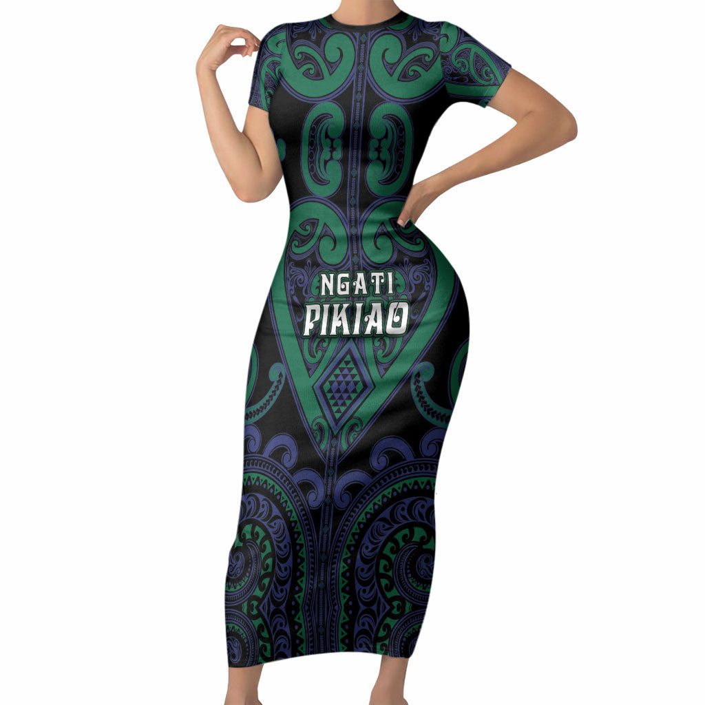 Custom Aotearoa Ngati Pikiao Short Sleeve Bodycon Dress Maori Tribal Pattern LT05 Long Dress Green - Polynesian Pride