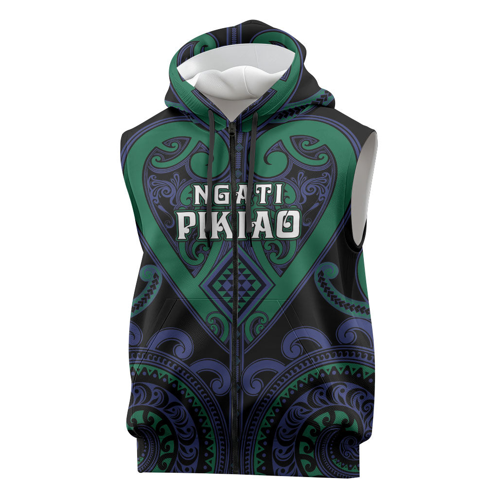 Custom Aotearoa Ngati Pikiao Sleeveless Zip Hoodie Maori Tribal Pattern LT05 Green - Polynesian Pride